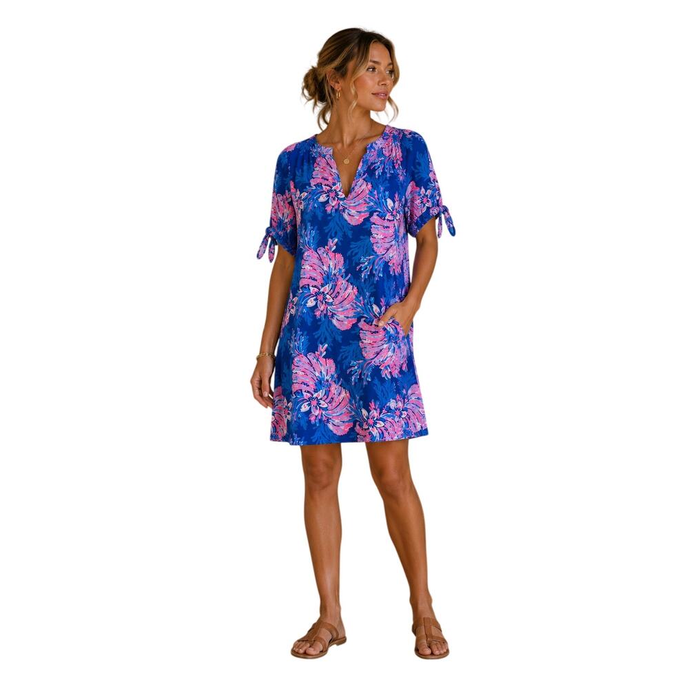 Lilly Pulitzer Blue Pink Floral Mini Dress Womens S Beachy Summer Resort Vaca